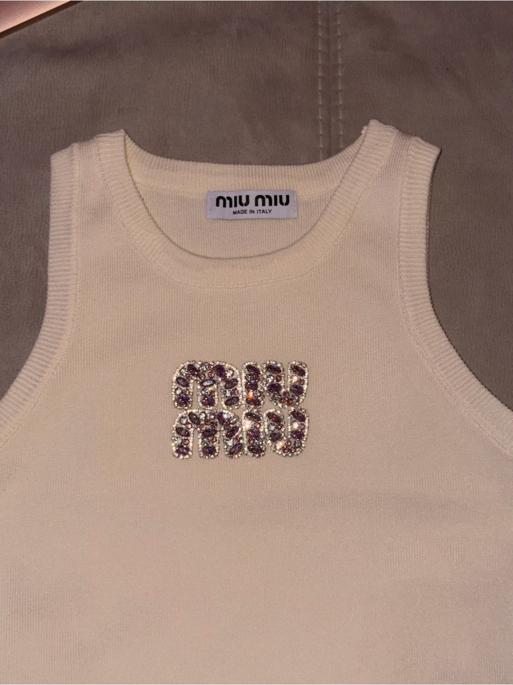 Cream Embellished Logo Tank Top